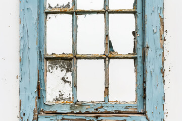 A close-up of an old wooden window, its peeling paint and broken pane isolated against a stark white backdrop.
