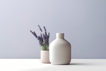 A minimalist skincare product bottle in a soothing lavender color, arranged neatly with copyspace...