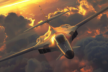 Majestic Supersonic Jet Soaring High Amongst Fiery Sunset Clouds Banner - obrazy, fototapety, plakaty