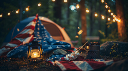 Fourth of July camping trip flat lay with a tent marshmallow roasting sticks and a lantern. - obrazy, fototapety, plakaty