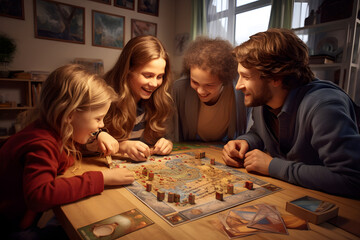 Family playing a board game together, playing a board game