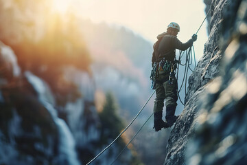 Adventurous Climber Ascending Rocky Mountain Face at Sunset Banner - obrazy, fototapety, plakaty