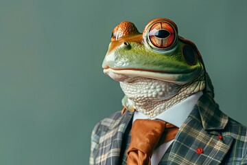 Frog head with man body dressed in elegant plaid suit, shirt and tie, fashionable and stylish poster on green background