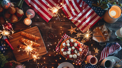 Fourth of July celebration flat lay with American flag sparklers and red white and blue decorations. - obrazy, fototapety, plakaty