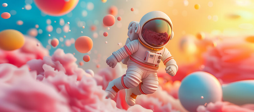 Vibrant surreal astronaut floating in a colorful candy-like universe with planets and bubbles, evoking whimsy and exploration