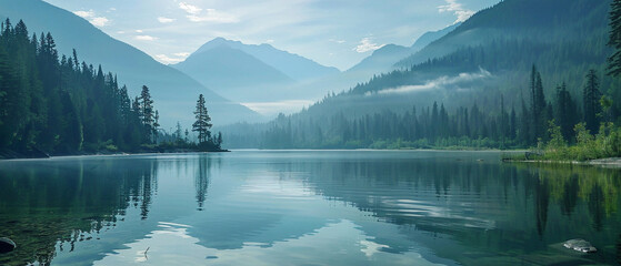 Serenity reflected in calm waters, enclosed by majestic mountains and lush green forests. Peaceful paradise.