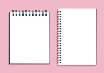 blank notebook spiral book vertical in flat style top view with pink background