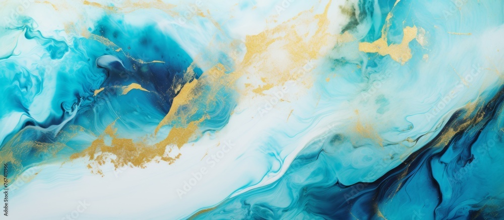 Wall mural A detailed closeup image capturing the beauty of a blue and gold marble painting on a white background, resembling a serene landscape under a wave of wind and water, with electric blue patterns