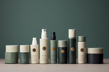 A lineup of contemporary skincare product bottles, featuring blank labels for customizing with your own brand identity. (Replace green color). 8k, - obrazy, fototapety, plakaty