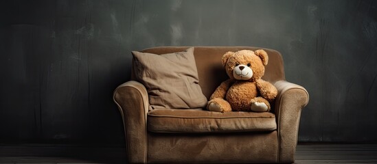 An adorable teddy bear is seated on a chair with a soft pillow placed on it - obrazy, fototapety, plakaty