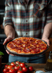 Man Holding Classic Pepperoni Pizza Fresh from the Oven