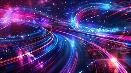High speed effect motion blur night lights blue and red. Futuristic neon light line. bright sparkling background. Purple glowing wave swirl, impulse cable lines. Long time exposure. Generative Ai