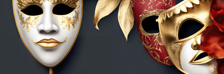 venetian masks.  Background - theatrical masks. Card template with