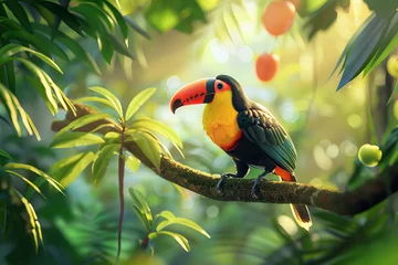 Wandcirkels aluminium Vibrant Toucan Perched in Lush Tropical Forest Banner with Glistening Sunbeams © Алинка Пад