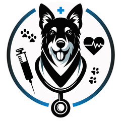 Veterinary clinic logo. Illustration of a dog, a syringe, dog or cat footprints and a heart with an electrocardiogram. Black and white colors with blue details.