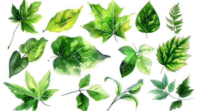Leaves watercolor set. Hand painting floral illustration. Green leaf, plants, foliage, branches isolated on white background. Generative Ai