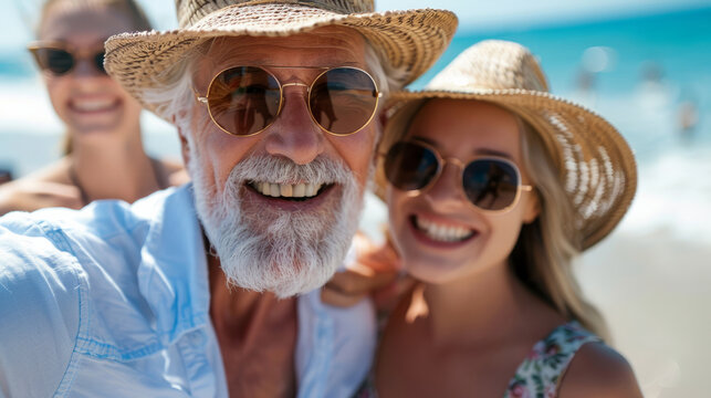 A man and a woman are smiling and posing for a picture on a beach. The man is wearing a straw hat and sunglasses, while the woman is wearing a floppy hat. Scene is cheerful and lighthearted
