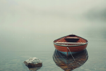 Serene Lake Mist and a Lonely Rowboat: Reflections of Tranquility Banner
