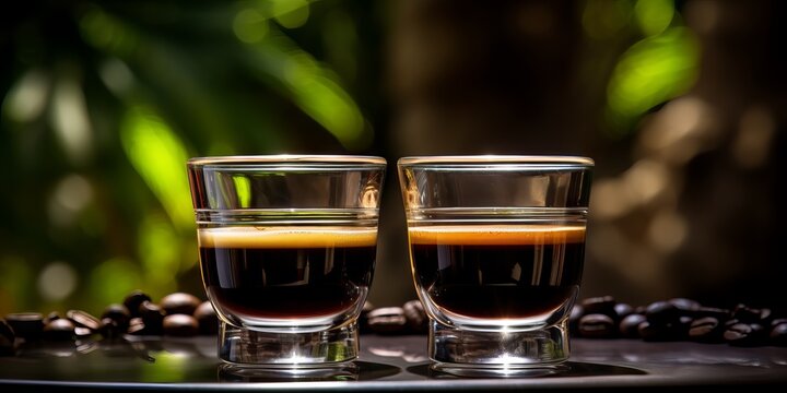 Black espresso coffee in a transparent glass cup. Delicious strong caffeinated drink