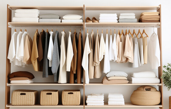 white, beige and brown clothes lay on shelves and hang on wooden