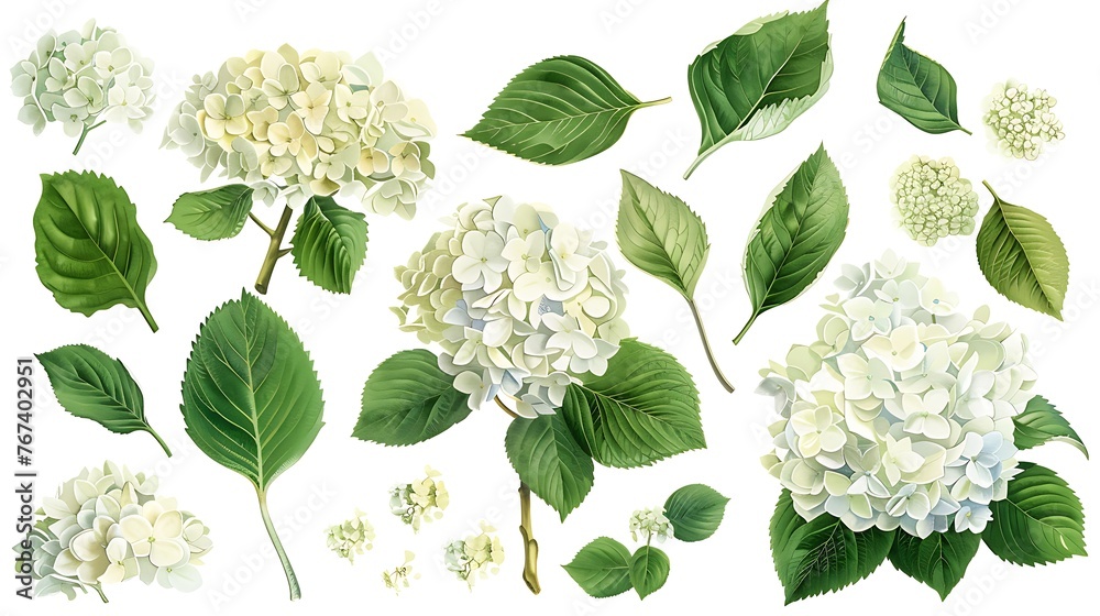 Sticker Set of hydrangea flowers and leaves on an isolated white background, watercolor botanical painting, hand drawing, floral design. Generative Ai - Stickers
