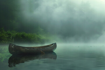 Mystical Morning Fog Enveloping a Lone Canoe on Serene Lake Banner
