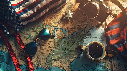 Fourth of July road trip essentials flat lay with a map sunglasses and a playlist of patriotic songs.