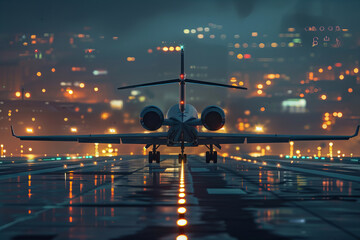 Twilight Runway Moment: Luxury Jet Poised for Nighttime Takeoff Banner