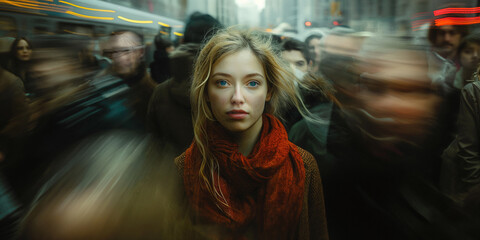 Focused woman stands still as a blur of city life rushes by, capturing a moment of calm in urban chaos - obrazy, fototapety, plakaty