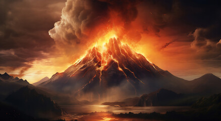 Volcano rising above lake - obrazy, fototapety, plakaty