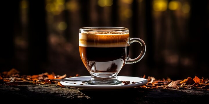 Black espresso coffee in a transparent glass cup. Delicious strong caffeinated drink