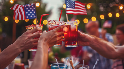 Friends toasting with American flag-decorated drinks at a 4th of July party.