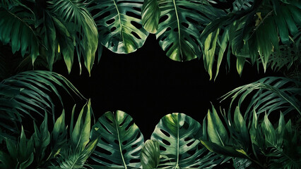Tropical forest background, jungle background with border made of tropical leaves with empty space in center, copy space