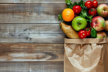 Organic fruits and vegetables in grocery paper bag on different backgrounds. Flat Lay. Space for text. Lifestyle. Farming. For banners, posters, ads, wallpapers, blogs - obrazy, fototapety, plakaty