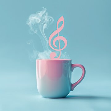Cup of coffee with treble clef on blue background.