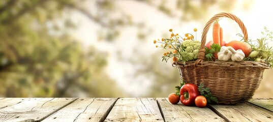 Organic vegetables and herbs in wicker basket on neutral background, with space for text. Lifestyle. Farming. For poster banners, web, ads, backgrounds, wallpapers