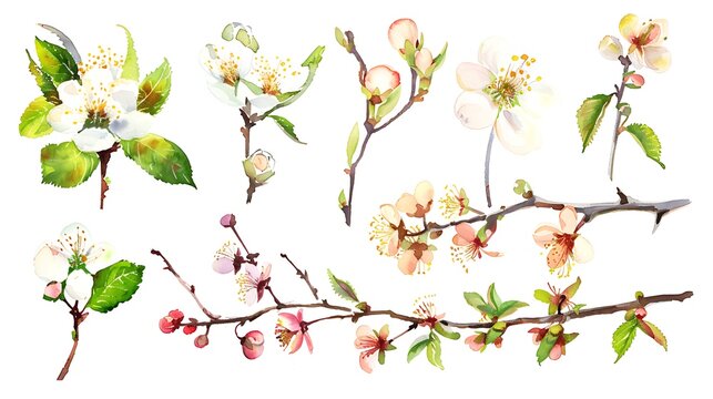 Watercolor illustrations of spring leaves, branches and flowers. Set. Generative Ai