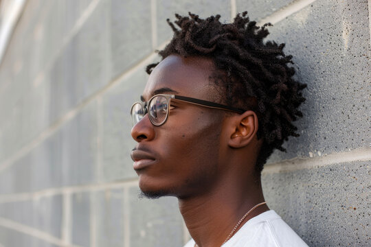 A man with glasses and dreadlocks stands in front of a brick wall. He looks thoughtful and contemplative. a profile photo of a attractive young black man in his 20's