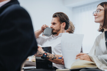 A relaxed business professional sips coffee while engaging with colleagues in a light-hearted...