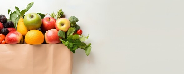 Organic fruits and vegetables in grocery paper bag on different backgrounds. Flat Lay. Space for text. Lifestyle. Farming. For banners, posters, ads, wallpapers, blogs