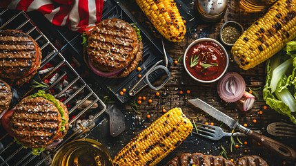 Independence Day barbecue flat lay with grilling utensils burgers and corn on the cob. - Powered by Adobe