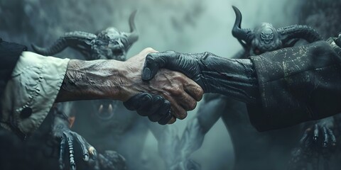 Symbolism of a handshake between a man and a devil in a business deal. Concept Business Contracts, Negotiations, Satanic Agreements - obrazy, fototapety, plakaty