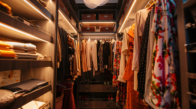 Glamorous walk-in closet with designer clothes and luxury lighting.