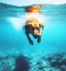 Labrador nadando en el mar  - obrazy, fototapety, plakaty