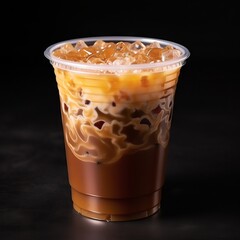 Iced cappuccino with caramel syrup and ice. Concept: cafe menu for summer drinks