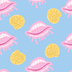 Cute vector pattern in nautical style. Background with cartoon seashells.	
