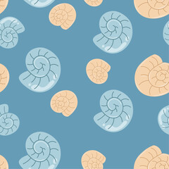 Cute vector pattern in nautical style. Background with cartoon seashells.	
