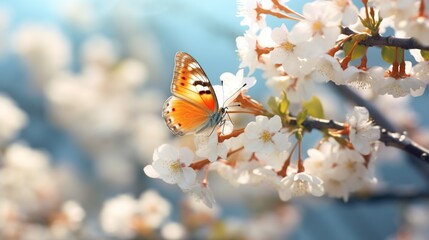 Beautiful orange butterfly with branch of flowering apricot tree on blurred spring background.
