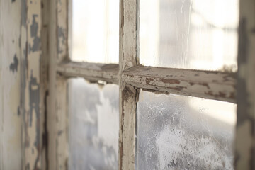 A detailed view of an old window, its worn wood and faded glass contrasting sharply with the clean white background