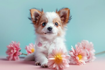 Whimsical Puppy Embracing Spring With a Delicate Gerbera Daisy on Pastel Background